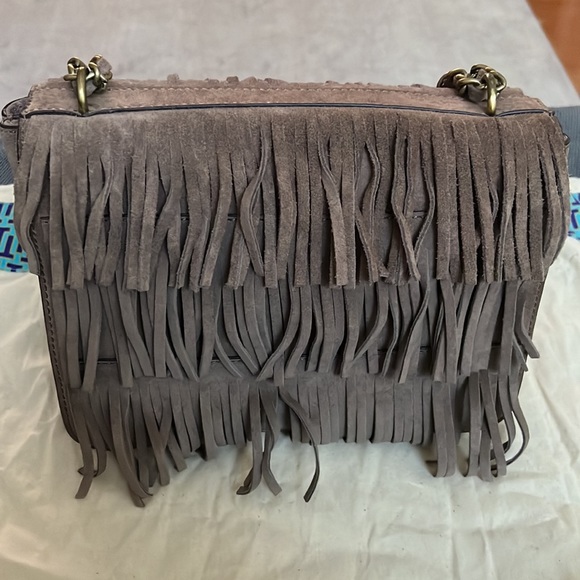 Tory Burch Taupe Suede Fringe Bag Brushed Gold Hardware - Picture 5 of 10